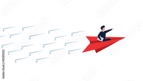 Successful businessman flying on a large red paper airplane leading a group of white ones through the sky as a leader.