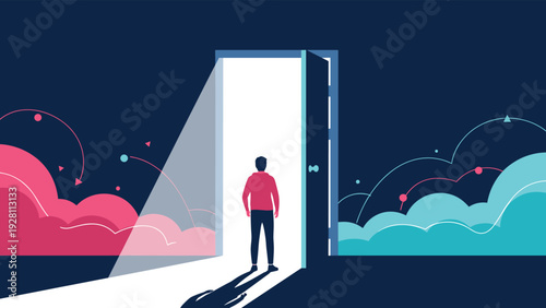 Silhouette of a person standing before a large bright open doorway leading away from a dark and colorful world of clouds.