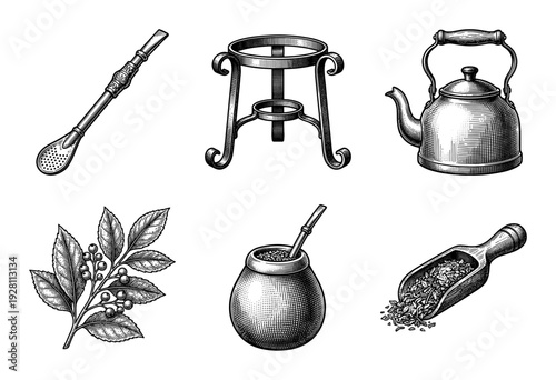 Vintage engraving style collection of traditional yerba mate accessories including gourd, bombilla, kettle, and organic leaves for south american tea culture.
