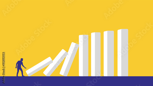 Energetic businessman tipping over a large white block to start a chain reaction that will knock down other large blocks.