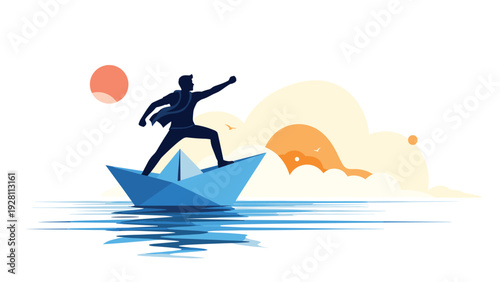 Heroic silhouette of a man standing on a blue paper boat sailing through the water toward the distant horizon at sunset.
