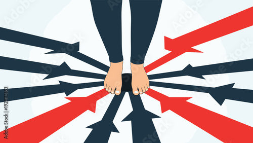 High angle view of a person standing amidst a circular array of red and black arrows pointing directly towards their feet.