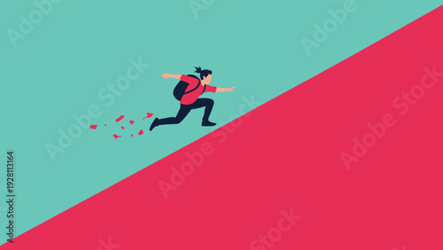 Person wearing a backpack running up a steep incline on a split-color background representing effort and a hard climb.