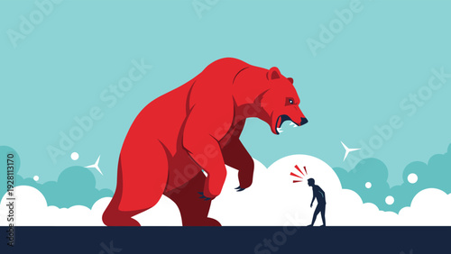 Giant red bear roaring at a small person in a blue environment symbolizing a major market threat or a big business risk.