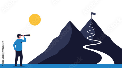 Man with a telescope looking at a winding path leading up two high mountains toward a flag at the summit of the peak.