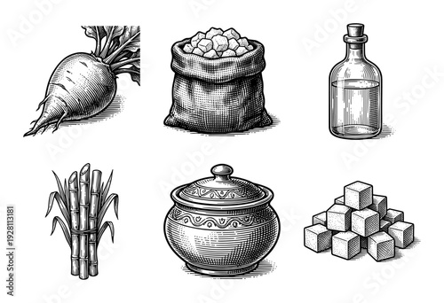 Vintage engraving collection of sugar production elements including sugar beet sugarcane stalks refined cubes a burlap sack glass bottle and ceramic pot