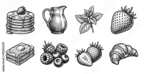 Vintage woodcut style breakfast food and berry collection featuring pancakes, waffles, croissant, and fresh fruit illustrations