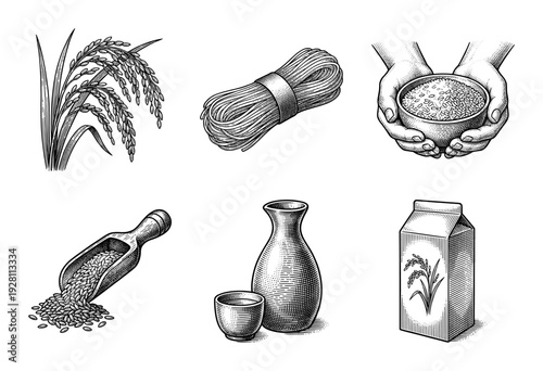 Vintage engraving style collection of rice agriculture and food products including stalks noodles sake and packaging