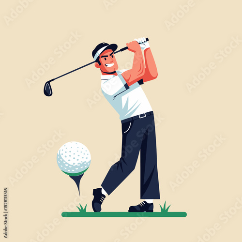 Golfer swinging club at golf ball on tee, dynamic action shot, sport concept