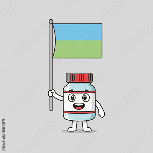 Happy Pill Bottle Character Holding a Flag with Blue and Green Stripes