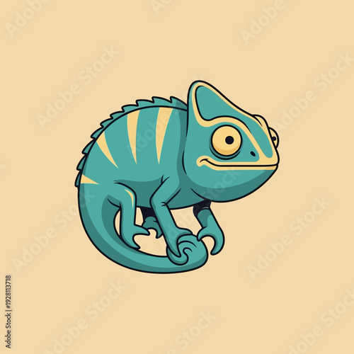 Cute Cartoon Chameleon Illustration, Tropical Reptile Character with Yellow Stripes on Beige Background