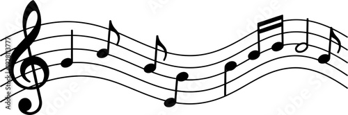 Flowing Music Notes on Wavy Staff, Treble Clef Musical Notation Silhouette, Melody Wave Illustration, Monochrome Sheet Music