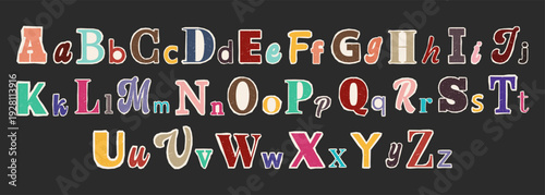 Colorful distressed English alphabet letters in uppercase and lowercase arranged on a dark background