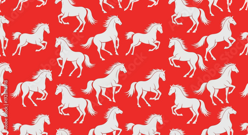 Dynamic pattern of white horses running across a vibrant red background from a straightforward viewpoint