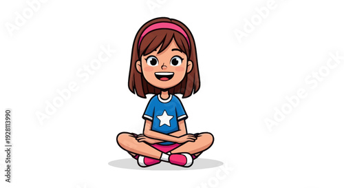 Young girl meditating in lotus position with serene expression and vibrant clothing