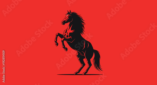 Illustration of a rearing horse in a bold and dynamic pose against a vibrant red background, showcasing strength and elegance from a centered viewpoint.
