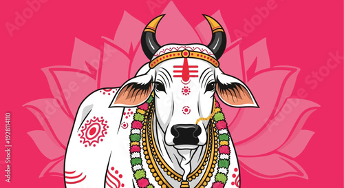 A majestic cow with intricate designs on a vibrant floral background viewed from the front