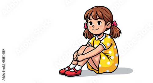 Young girl sitting on the floor with a bright yellow dress and red shoes, viewed from the side
