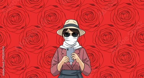Woman wearing hat and sunglasses holding a device amidst roses