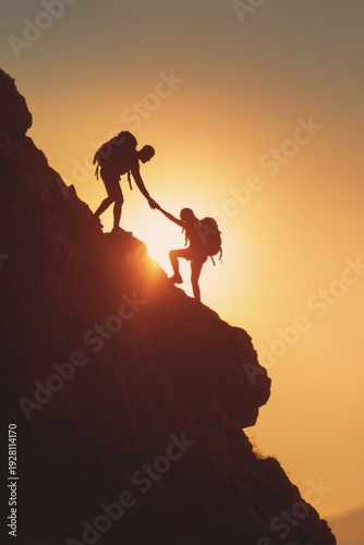 Wallpaper Mural Explore adventure outdoor in National Park. Two silhouetted climbers ascending a rocky outcrop at sunset, each wearing a backpack. The sky is painted in a gradient of orange and yellow hues. Torontodigital.ca