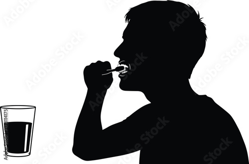 Person Taking Medicine Silhouette Illustration Showing Oral Pill Consumption with Glass of Water Representing Healthcare Treatment and Daily Medication Routine