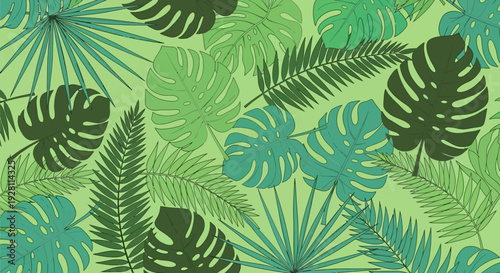 Tropical leaves and ferns illustration in a lush green environment viewed from above