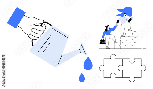 Collaboration, leadership, growth, problem resolution, development, strategic thinking. Hand watering plants, people stacking blocks puzzle pieces. Collaboration and leadership ideas illustrated