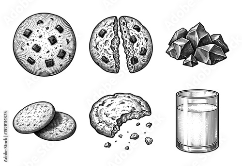 Vintage woodcut style illustration of chocolate chip cookies and milk collection featuring whole broken and bitten biscuits with chocolate chunks and a glass
