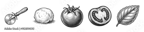 Set of pizza making ingredients and tools featuring a pizza cutter, dough, tomato, and basil leaf in a detailed vintage woodcut engraving style.