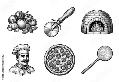 Vintage pizza restaurant illustration set featuring wood fired oven, chef, fresh ingredients, pepperoni pizza, and professional baking tools in woodcut style.