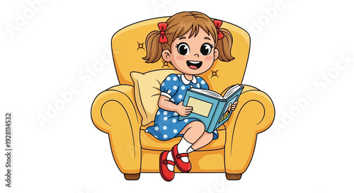 A young girl sits comfortably on a yellow armchair reading a book with a happy expression from a slightly elevated viewpoint
