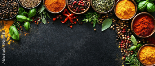 Colourful spices and herbs, neatly arranged in wooden bowls, emphasise the naturalness and richness of flavours, serving as the main backdrop for culinary blogs or healthy eating advertisements.