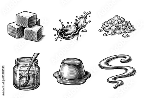 Set of vintage monochrome sugar and sweet food illustrations in a hand drawn woodcut etching style