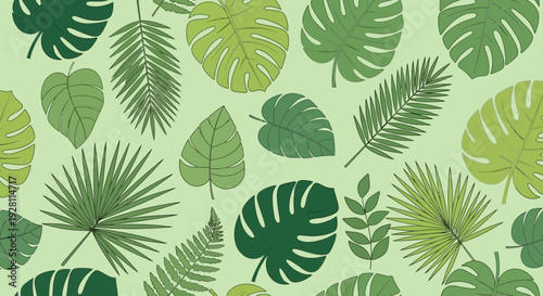 Seamless Pattern of Various Tropical Leaves in Different Shades of Green on a Light Background Viewed from Directly Above
