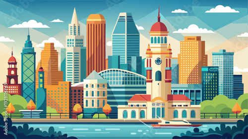Very beautiful flat vector illustration of the Philadelphia skyline featuring City Hall, Liberty Place, and Comcast Center, with simplified bridges and riverfront foreground in clean geometric style.