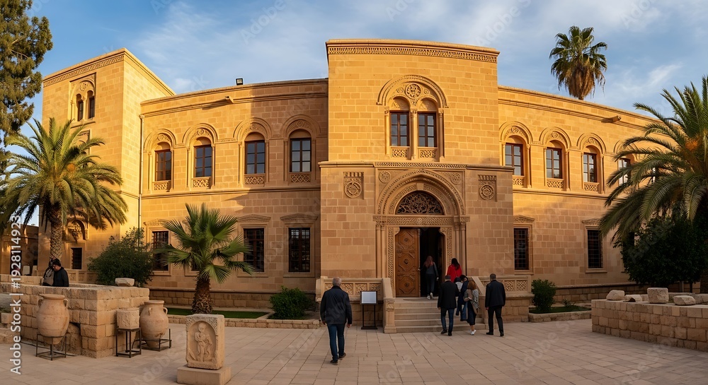 Obraz premium People enter a historic stone building with palm trees and artifacts outside.