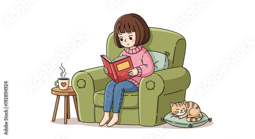 Woman relaxing on a green armchair reading a book with a cat beside her