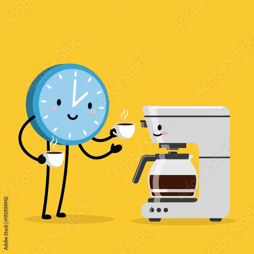 Cute clock character holding coffee cups next to a coffee maker, morning concept