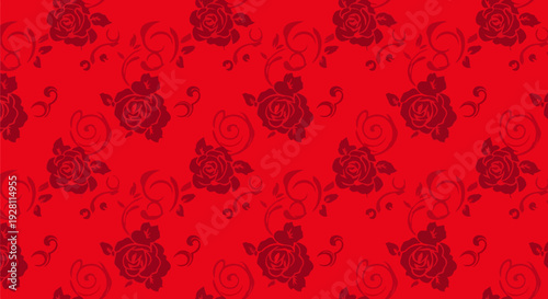 Vibrant red background with intricate black floral pattern and swirling ornaments in a repeating design viewed from directly above