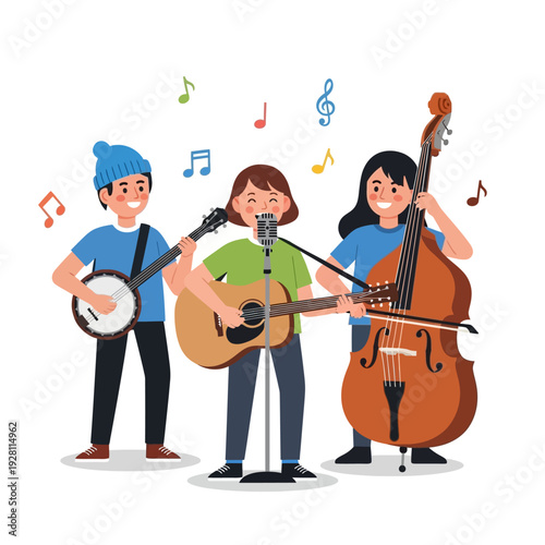 Diverse band playing music together: banjo, guitar, bass, and vocals