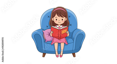 Young girl sitting comfortably on a blue armchair reading a red book with a gentle smile