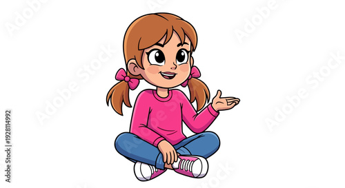 Young girl with pigtails sitting cross-legged on floor, gesturing, Whisk vector illustration