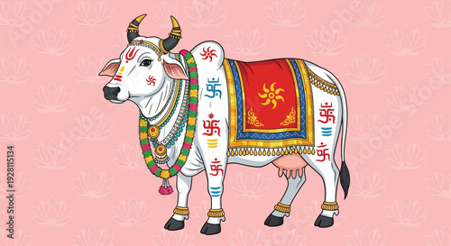 Ornate white cow adorned with traditional Indian decorations standing majestically against a soft pink background vector illustration.