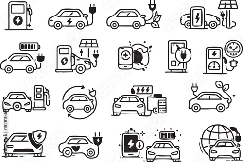 Electric Vehicle Charging Icons Set: EV Technology, Green Energy, Sustainable Transport, Eco-Friendly Mobility