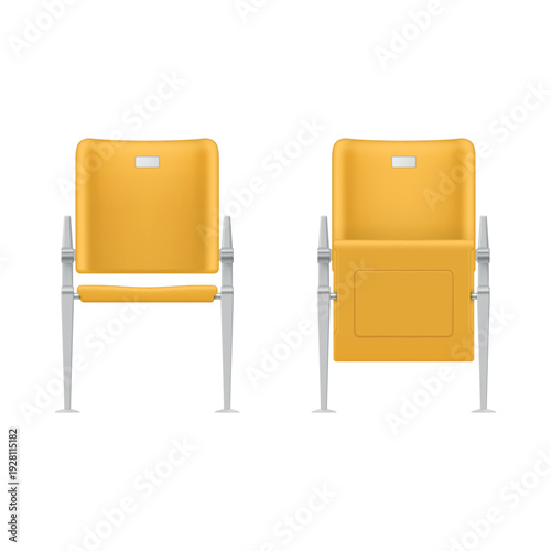 Bright yellow folding chairs, designed for use in stadiums and assembly halls, for assembly and seating.
