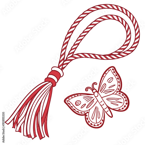 Red and white traditional martenitsa spring talisman with a decorative tassel, vector illustration capturing essence of tradition and new beginnings