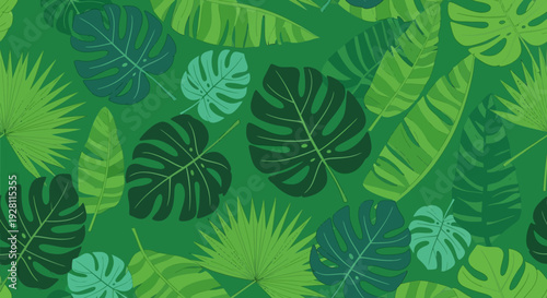 Tropical leaves pattern illustration featuring monstera and palm in various green hues from a top-down viewpoint