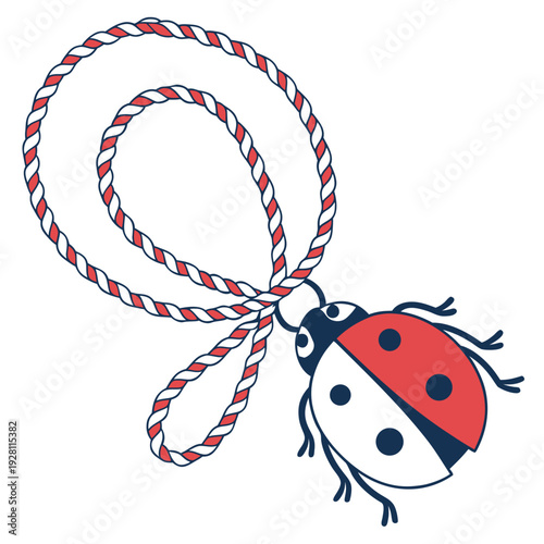 Cute ladybug insect tied with traditional red and white twisted cord symbol of luck and spring celebration for regional balkan folk festival events