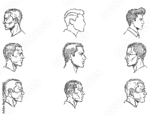 Collection of male profiles illustrated in various sketching styles from different viewpoints