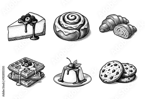Vintage style engraving illustration collection of sweet bakery desserts including cheesecake, cinnamon roll, croissant, waffles, panna cotta, and chocolate chip cookies.